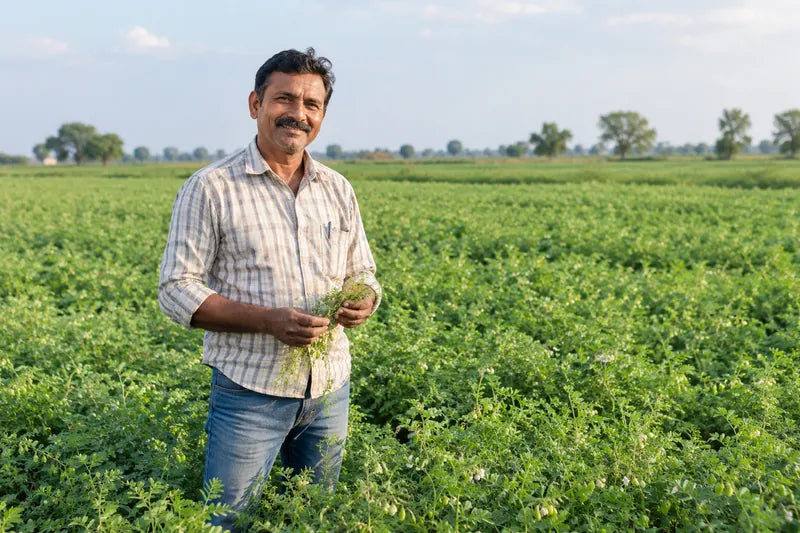 Rakul, a lentil grower in India, in the field