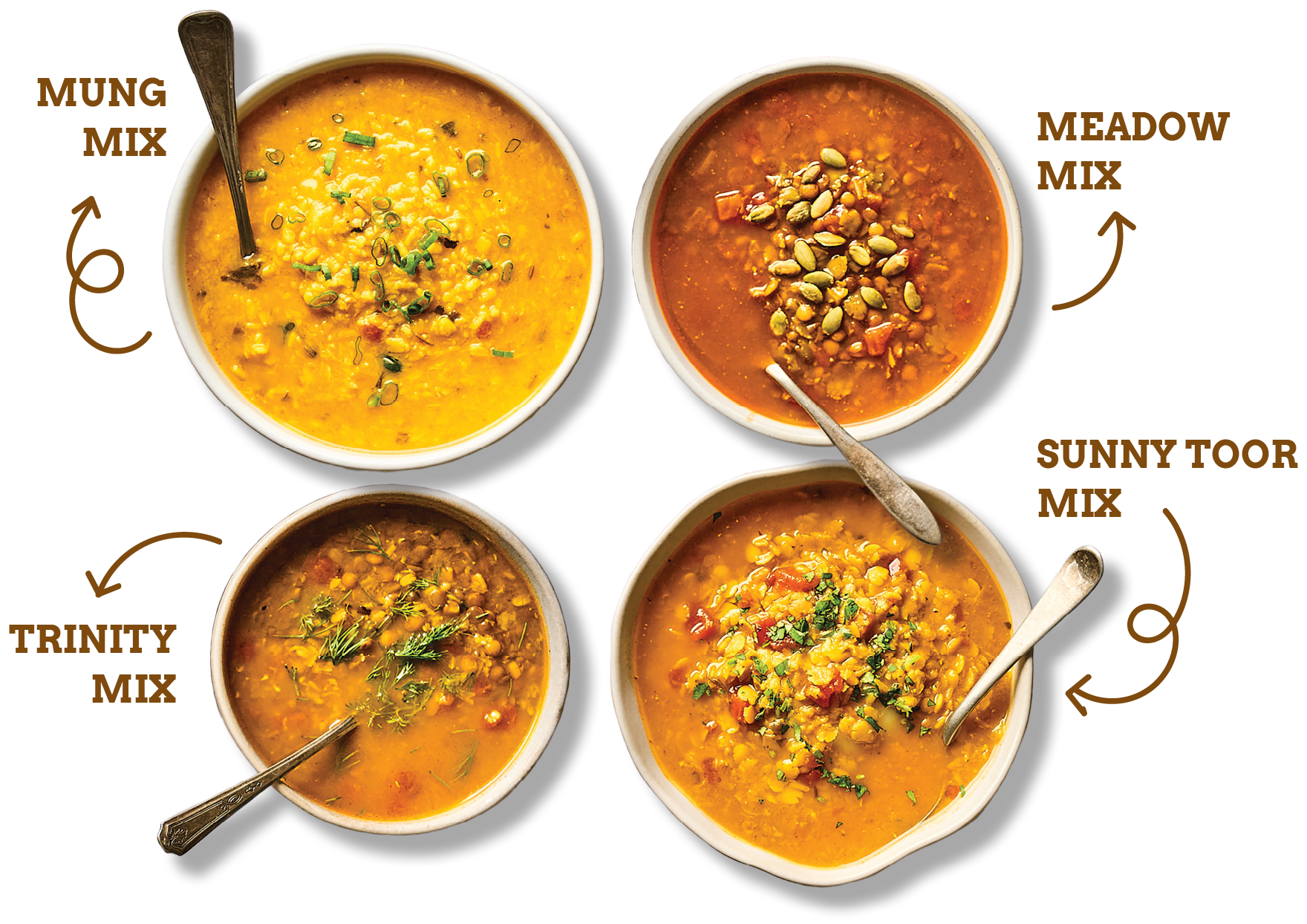 Four bowls of lentil dahl, stew and soup, labelled Mung Mix, Meadow Mix, Trinity Mix and Sunny Toor Mix