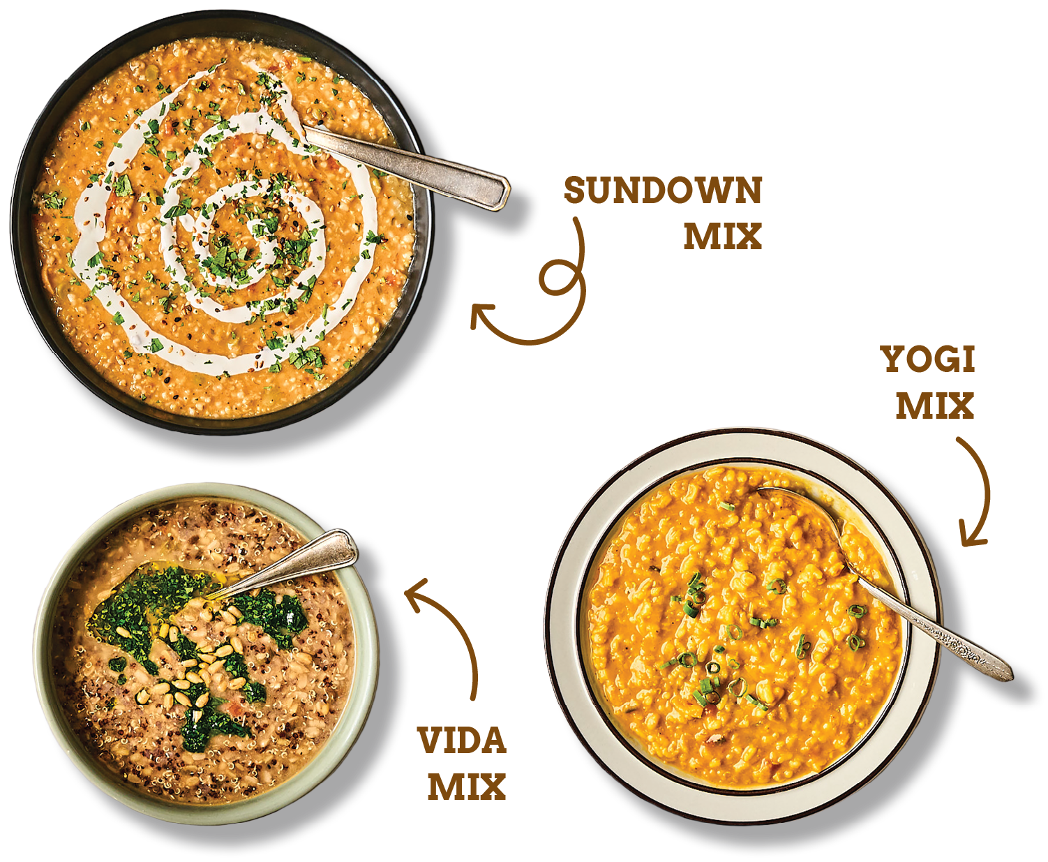 Three grain bowls, labelled Sundown Mix, Yogi Mix and Vida Mix