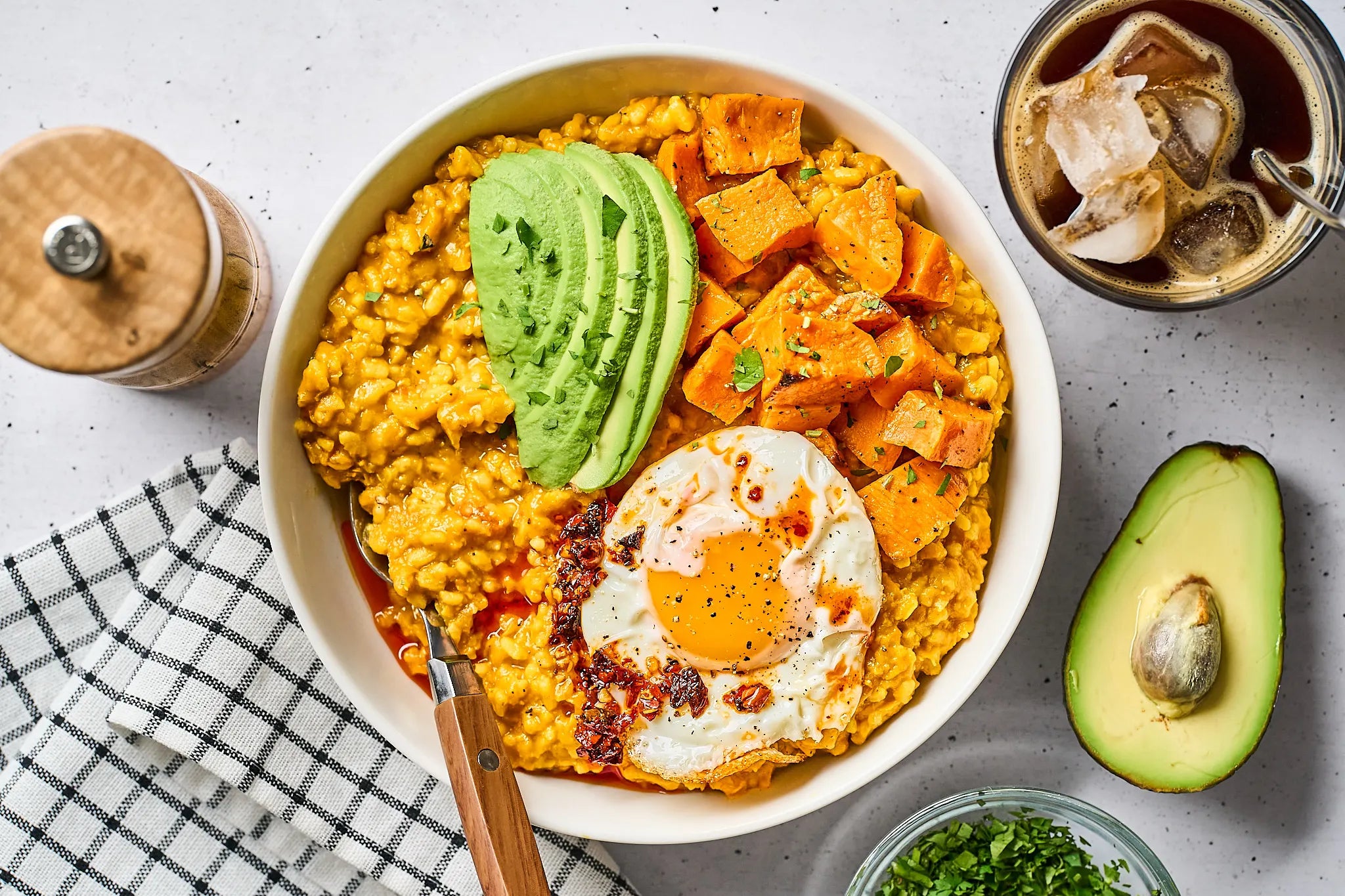 A serving of Yogi Mix savory oats breakfast bowl